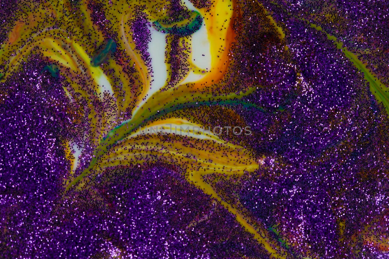 Multicolored acrylic backdrop sprinkled with purple sparkles. Contemporary creativity. Colorful avant-garde rich texture. A background made up of many shapes and materials.