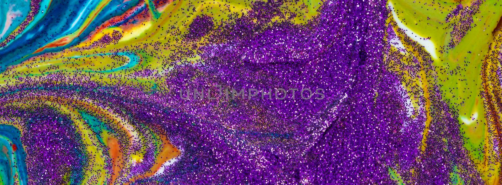 Multicolored banner acrylic background sprinkled with purple sequins. Contemporary creativity. Colorful avant-garde rich texture. A background made up of many shapes and materials.