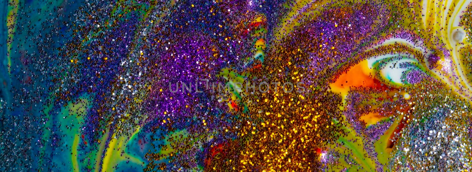 Multicolored banner acrylic background sprinkled with purple sequins. Contemporary creativity. Colorful avant-garde rich texture. A background made up of many shapes and materials.