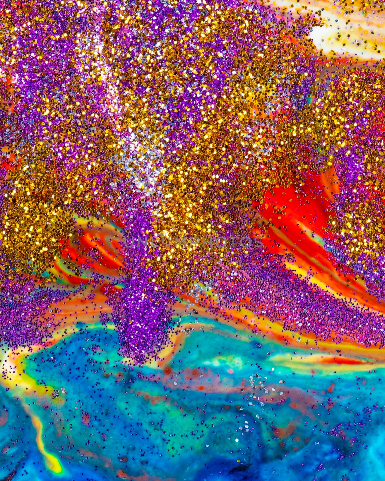 Multicolored vertical acrylic backdrop sprinkled with purple and gold sparkles. Contemporary creativity. A colorful avant-garde painting with rich texture. A background made up of many shapes and materials.