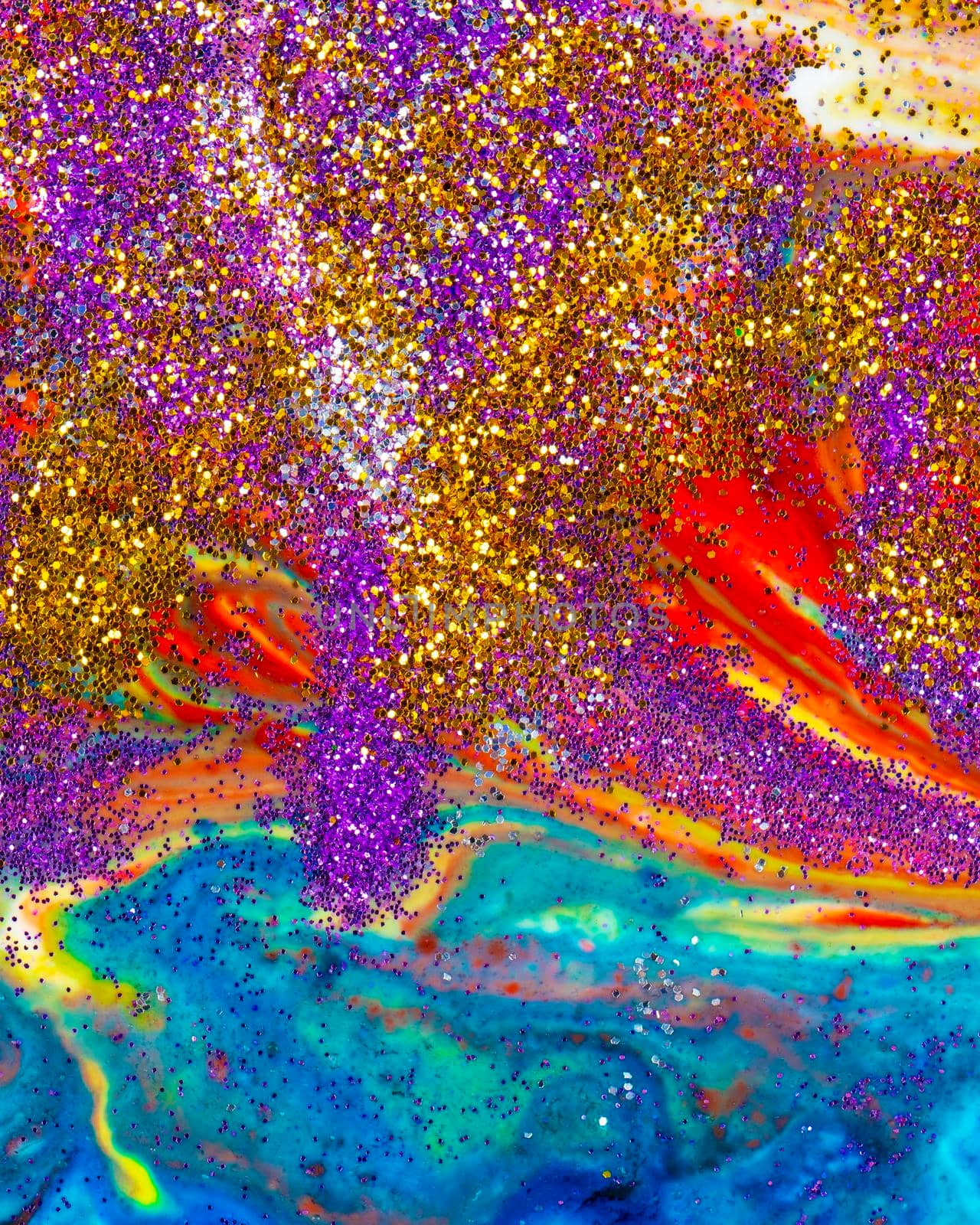 Multicolored vertical acrylic backdrop sprinkled with purple and gold sparkles. Contemporary creativity. A colorful avant-garde painting with rich texture. A background made up of many shapes and materials.