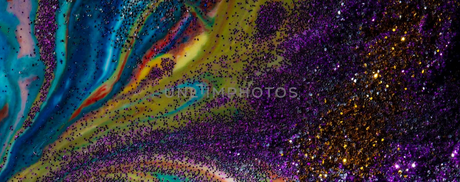 Baner: multicolored acrylic background with curls sprinkled with purple and gold sequins. Contemporary creativity. A colorful avant-garde painting with rich texture. A background made up of many shapes and materials. by Sviatlana