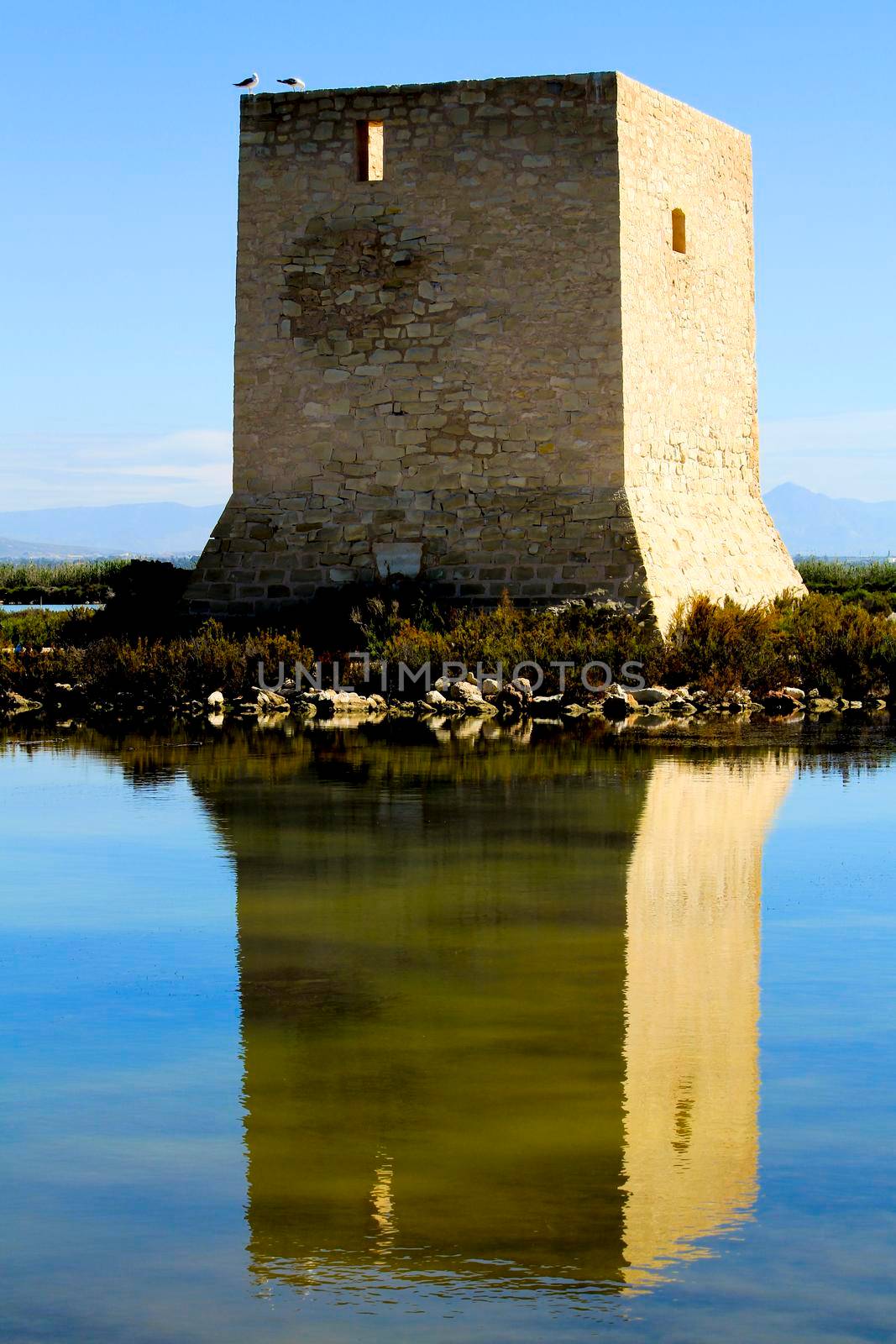 Beautiful Tamarit tower surrounded by salt lagoons in Santa Pola, Alicante, Spain