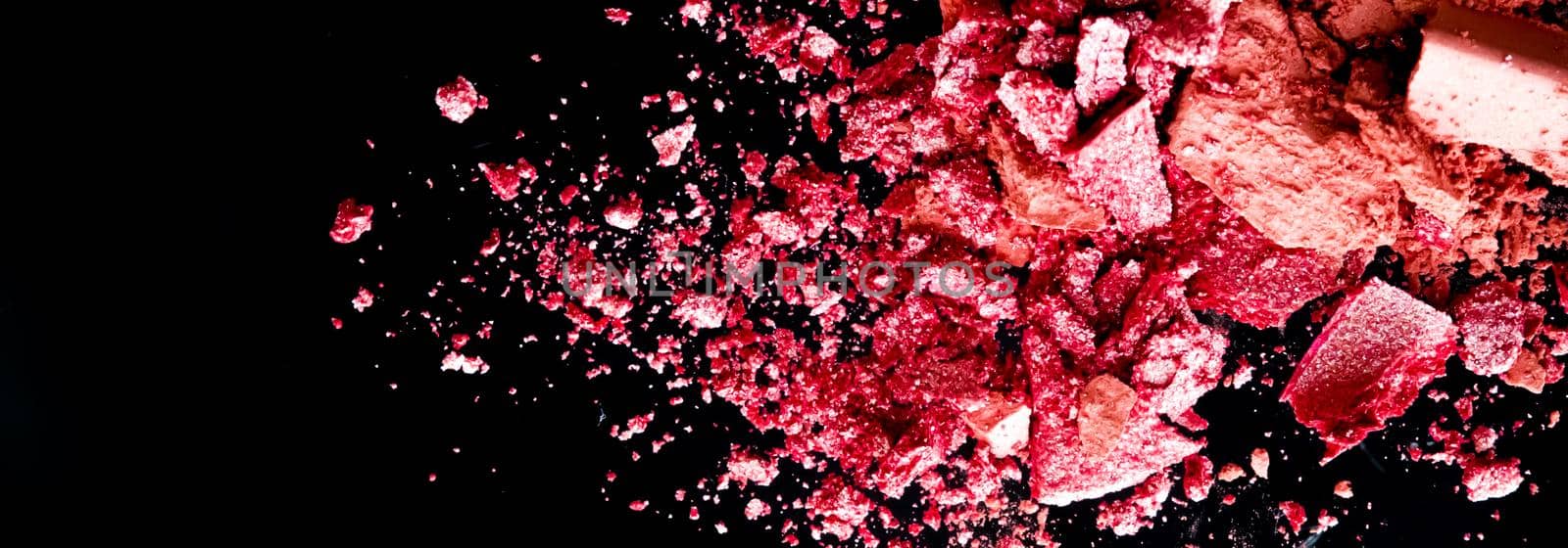 Crushed cosmetics, mineral organic eyeshadow, blush and cosmetic powder isolated on black background, makeup and beauty banner, flatlay design by Anneleven