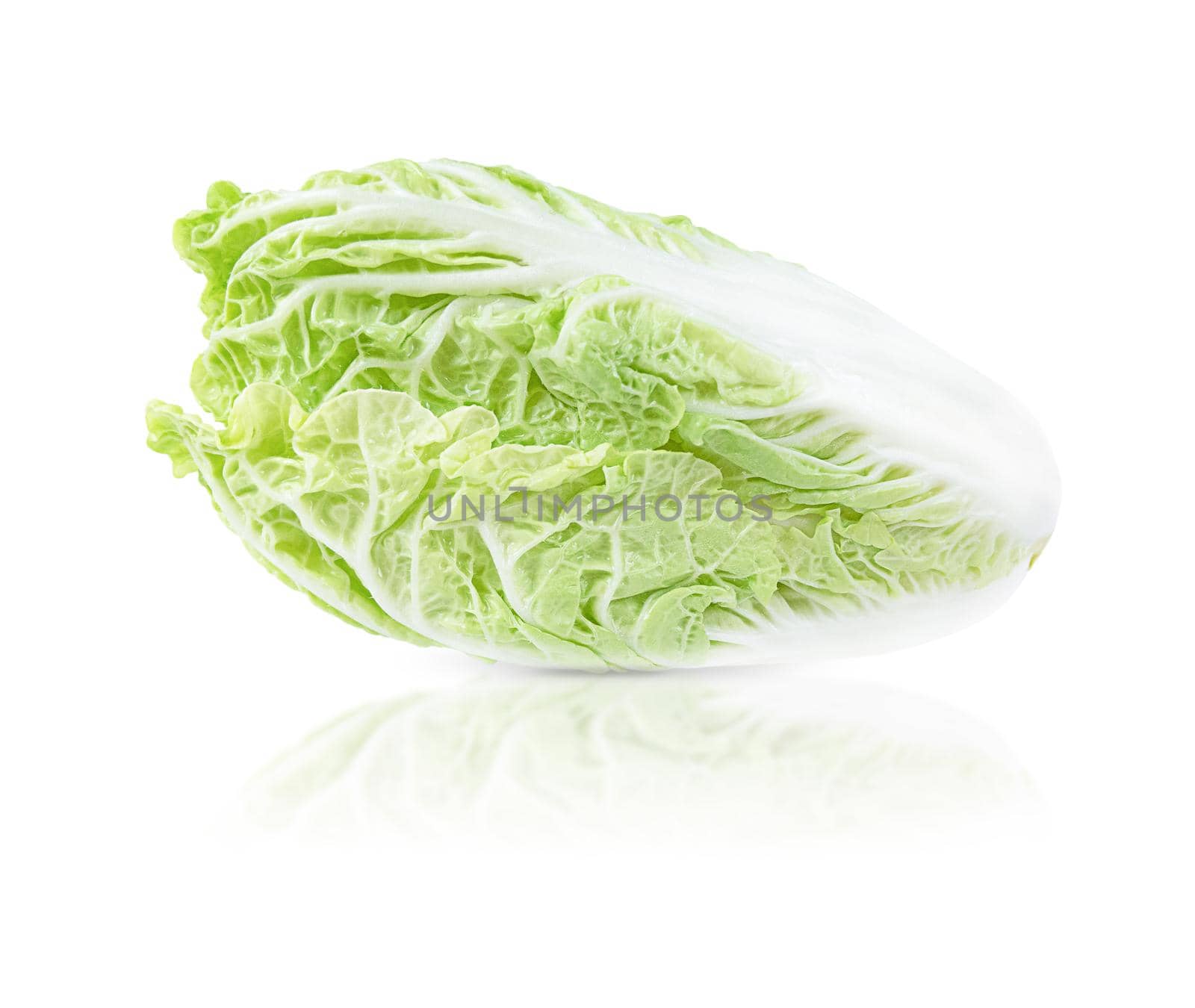 Chinese cabbage isolated on a white background with shadow and reflection.