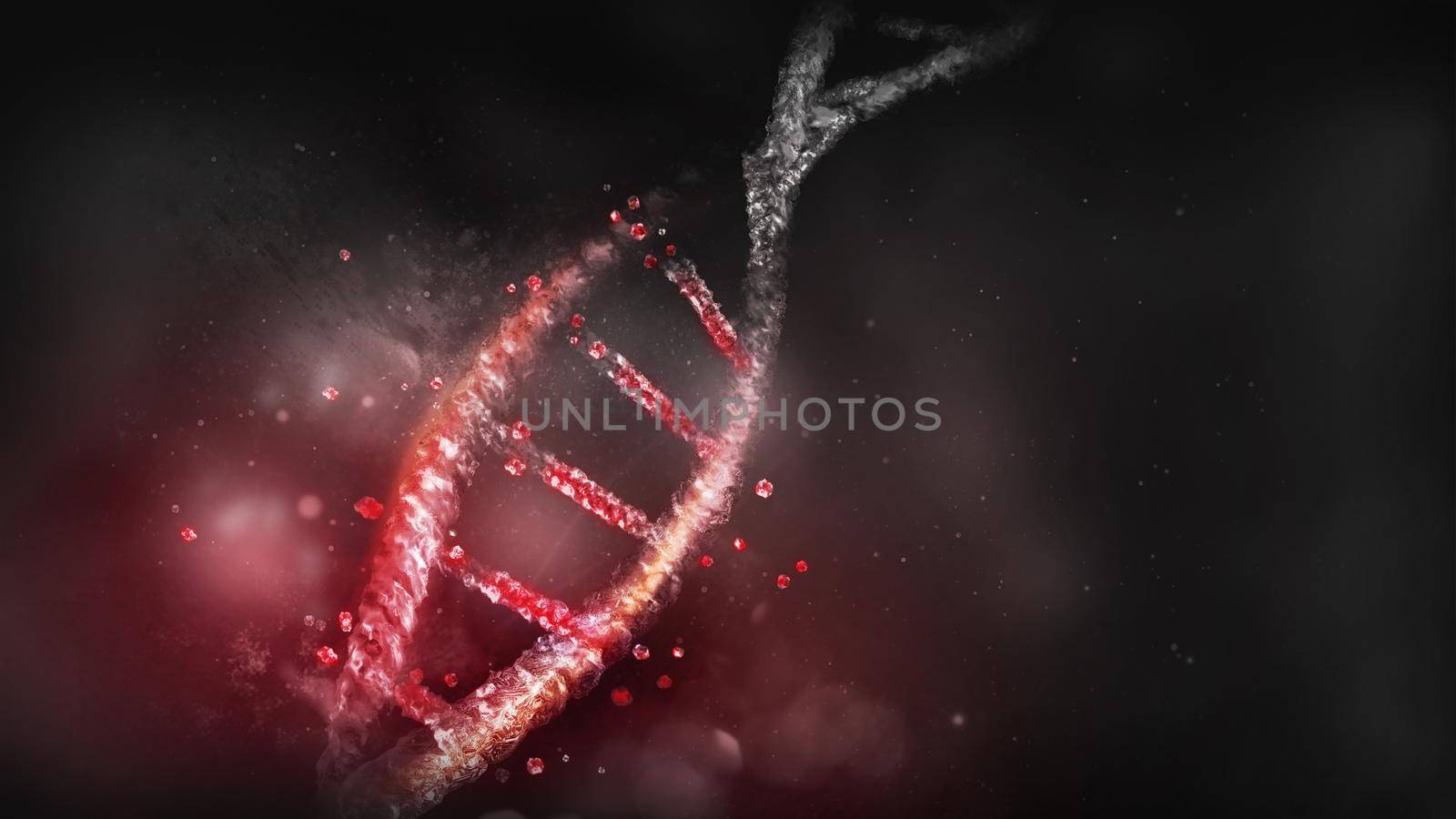 Destruction of the DNA model on a dark background, 3D render. by ConceptCafe