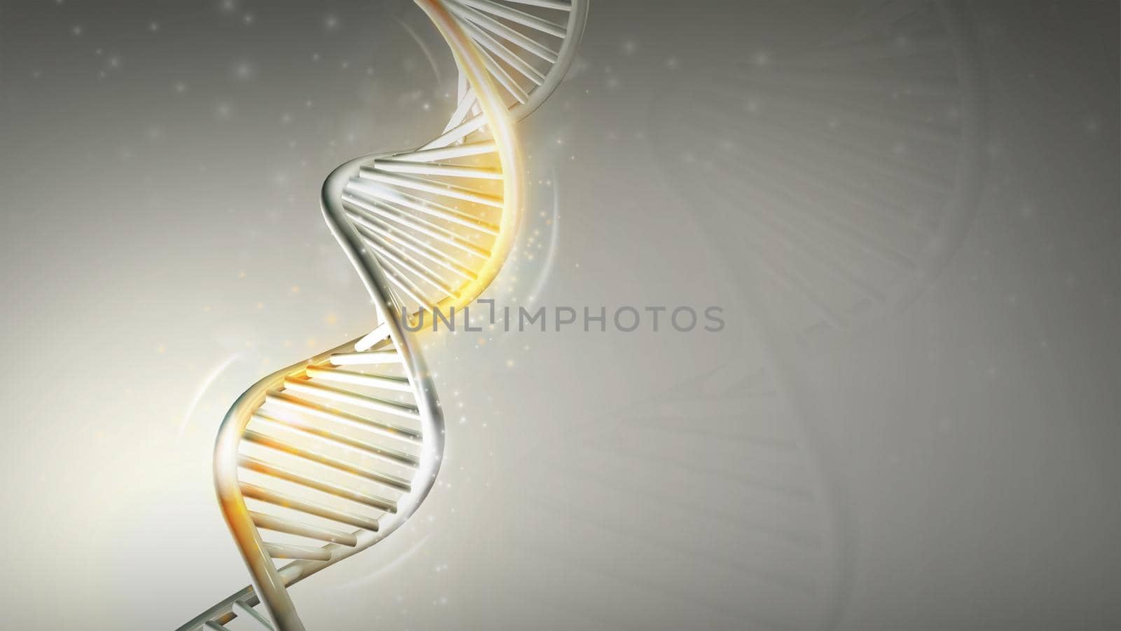 Computer model of DNA double helix with golden glow on a light gray background. 3D render.