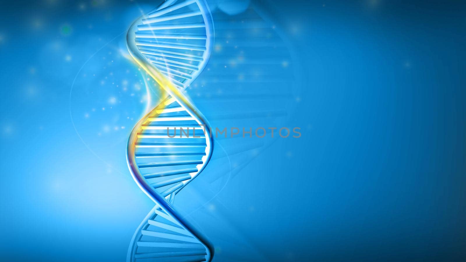 Vertical model of double helix DNA with a golden glow on a blue background. 3D render.