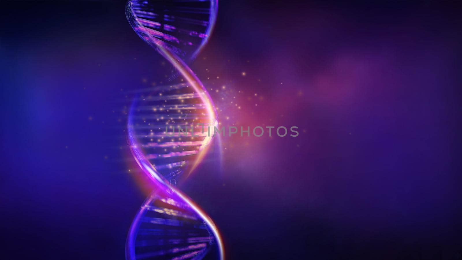 Vertical model of abstract double helix DNA, glowing in virtual space. 3D render.
