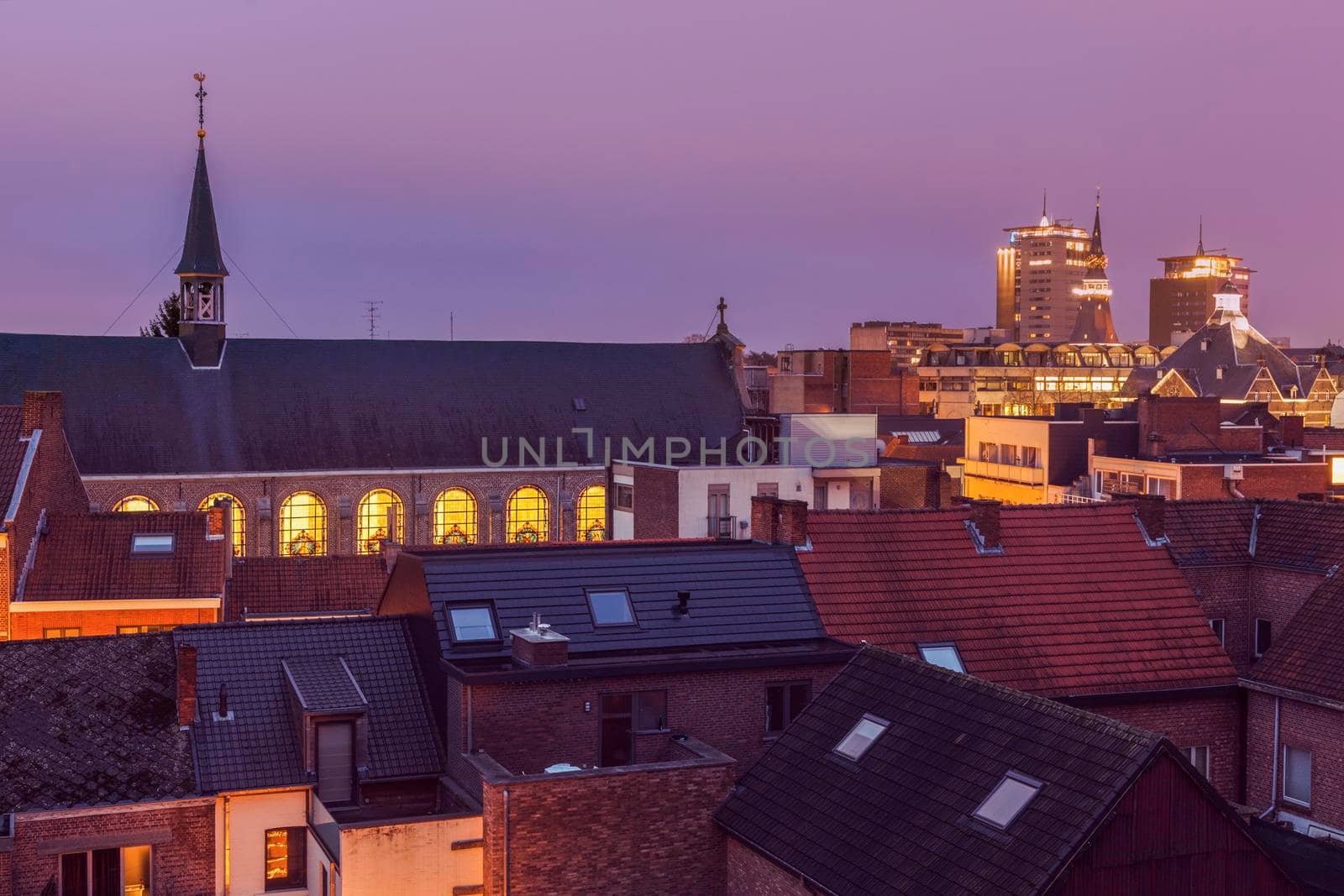 Panorama of Hasselt at night. Hasselt, Flemish Region, Belgium.