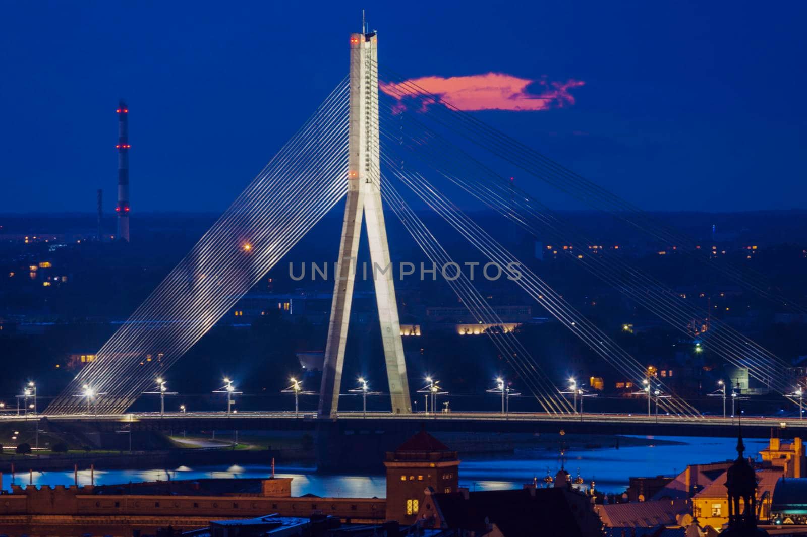 Vansu Bridge in Riga seen at night. Riga, Latvia