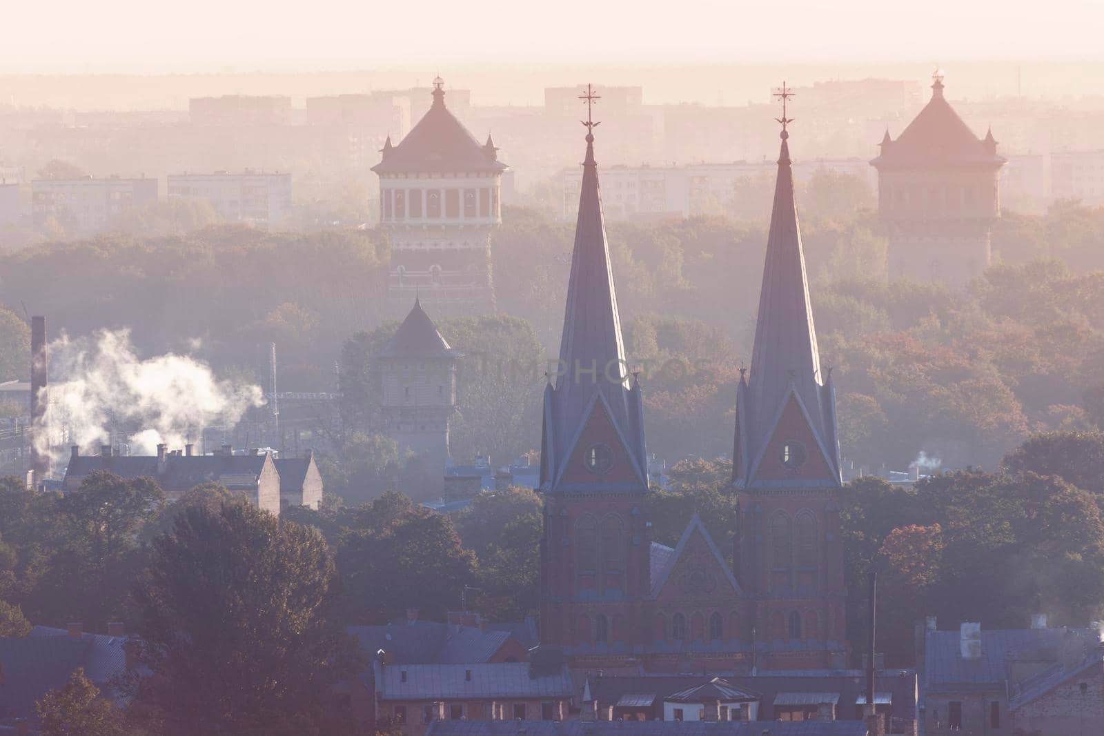 St. Francis Church and old water towers in Riga. Riga, Latvia