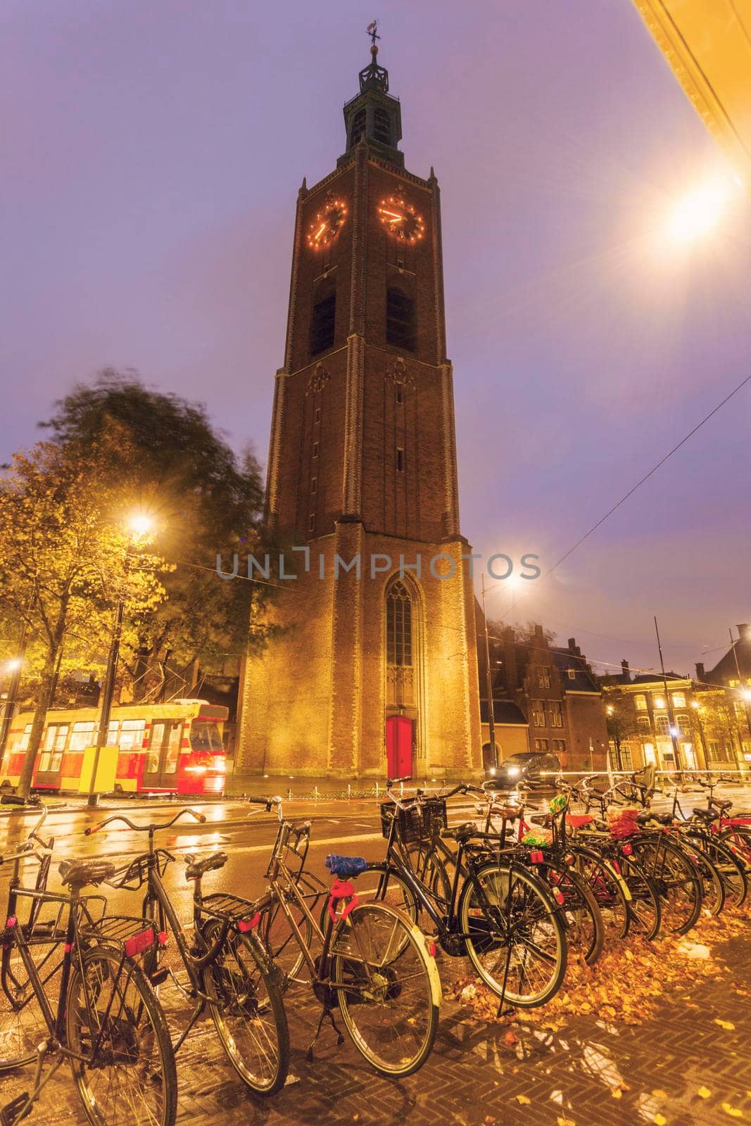 The Hague architecture at night. The Hague, South Holland, Netherlands.