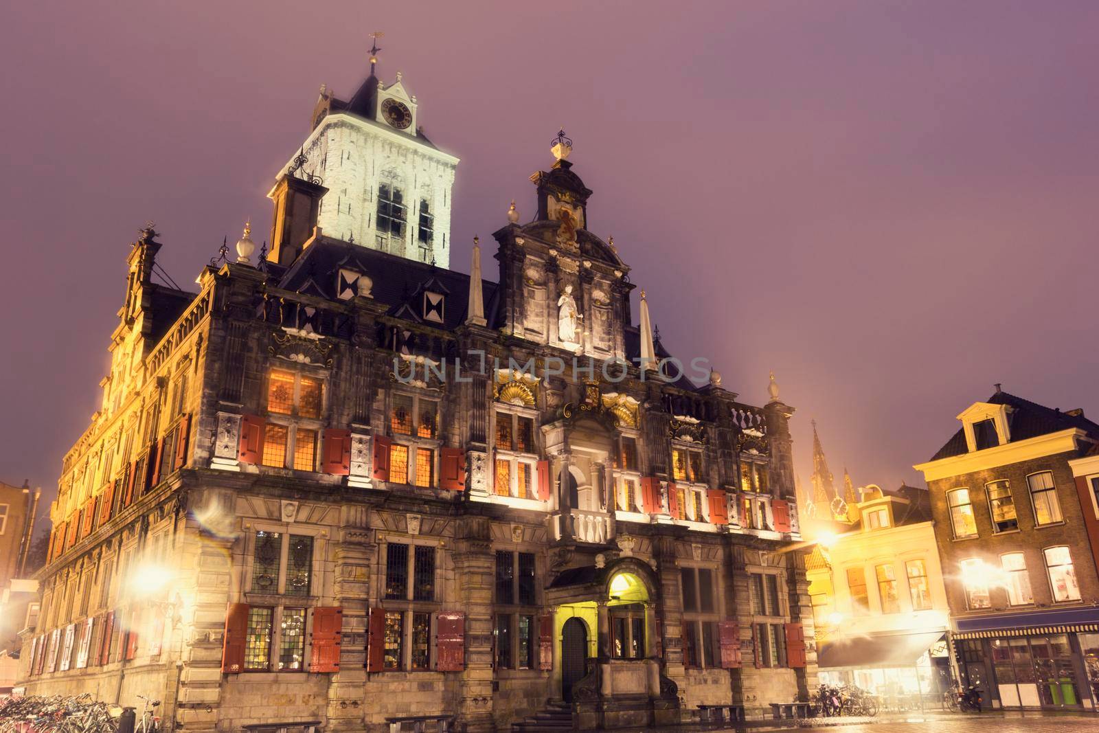 Delft City Hall at night. Delft, South Holland, Netherlands.