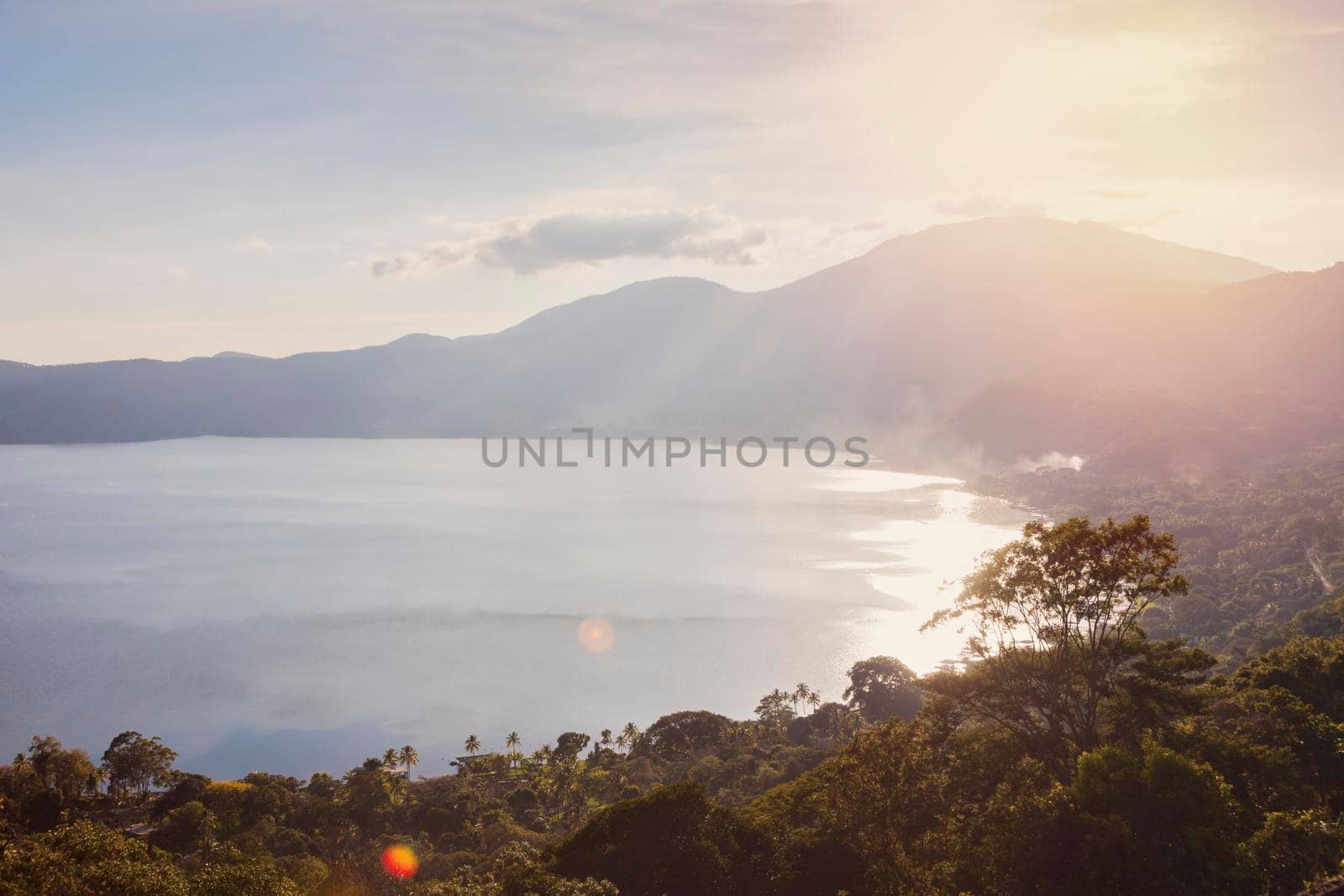 Aerial view of Lake Coatepeque in El Salvador. Santa Ana, El Salvador.