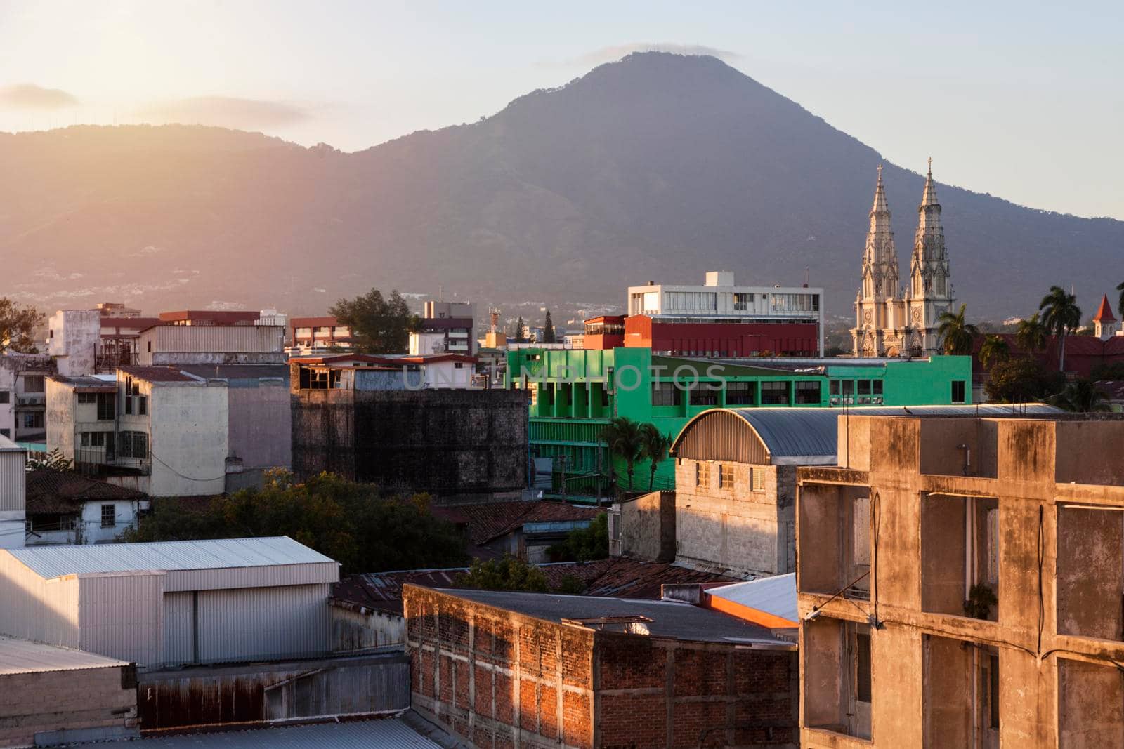 Basilica of the Sacred Heart and San Salvador panorama at sunset. San Salvador, El Salvador.