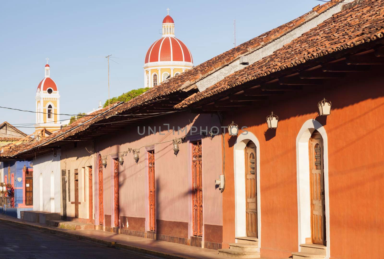 Granada Cathedral and colorful city panorama. Granada, Nicaragua.