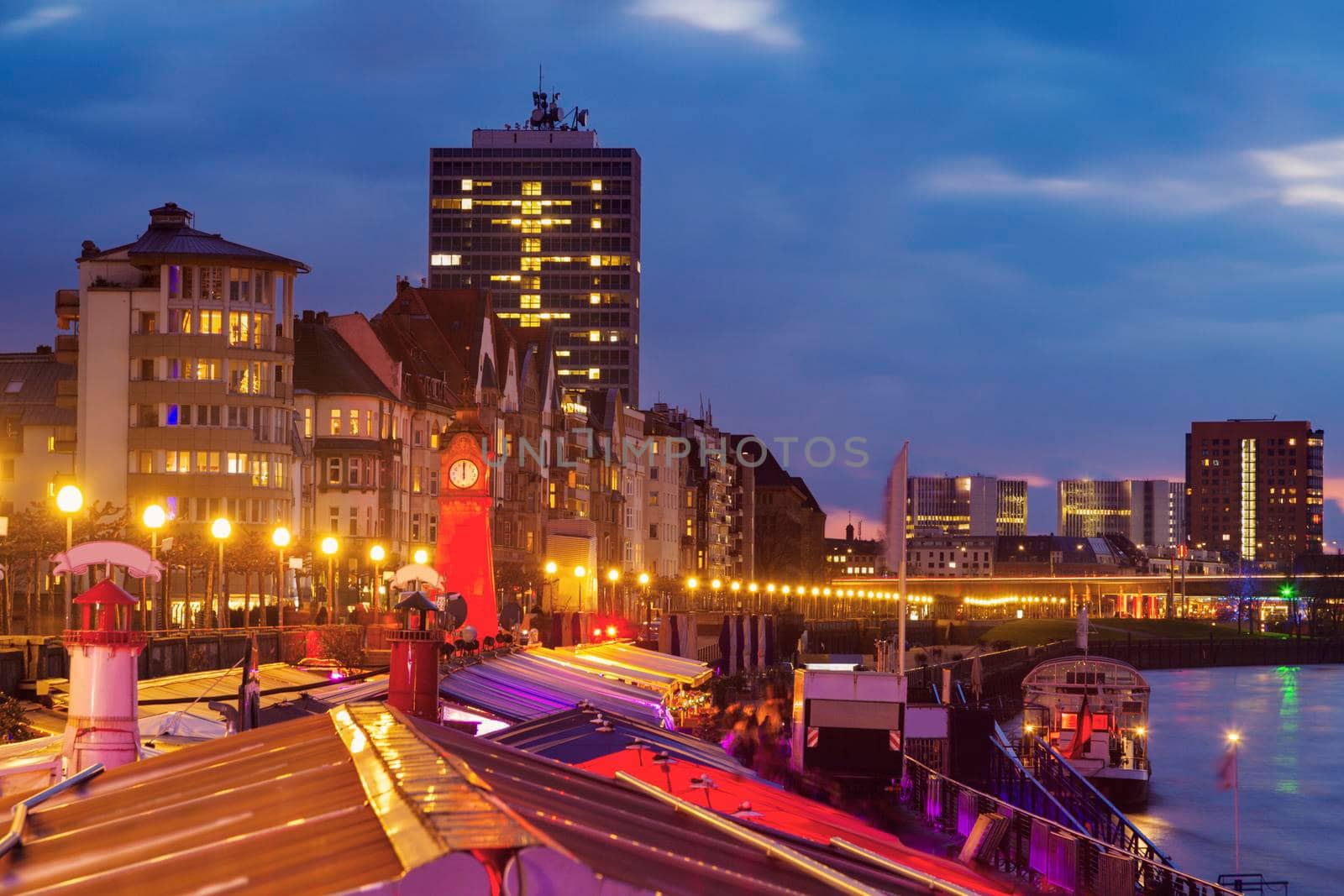 Colorful riverfront in Dusseldorf. Dusseldorf, North Rhine-Westphalia, Germany.