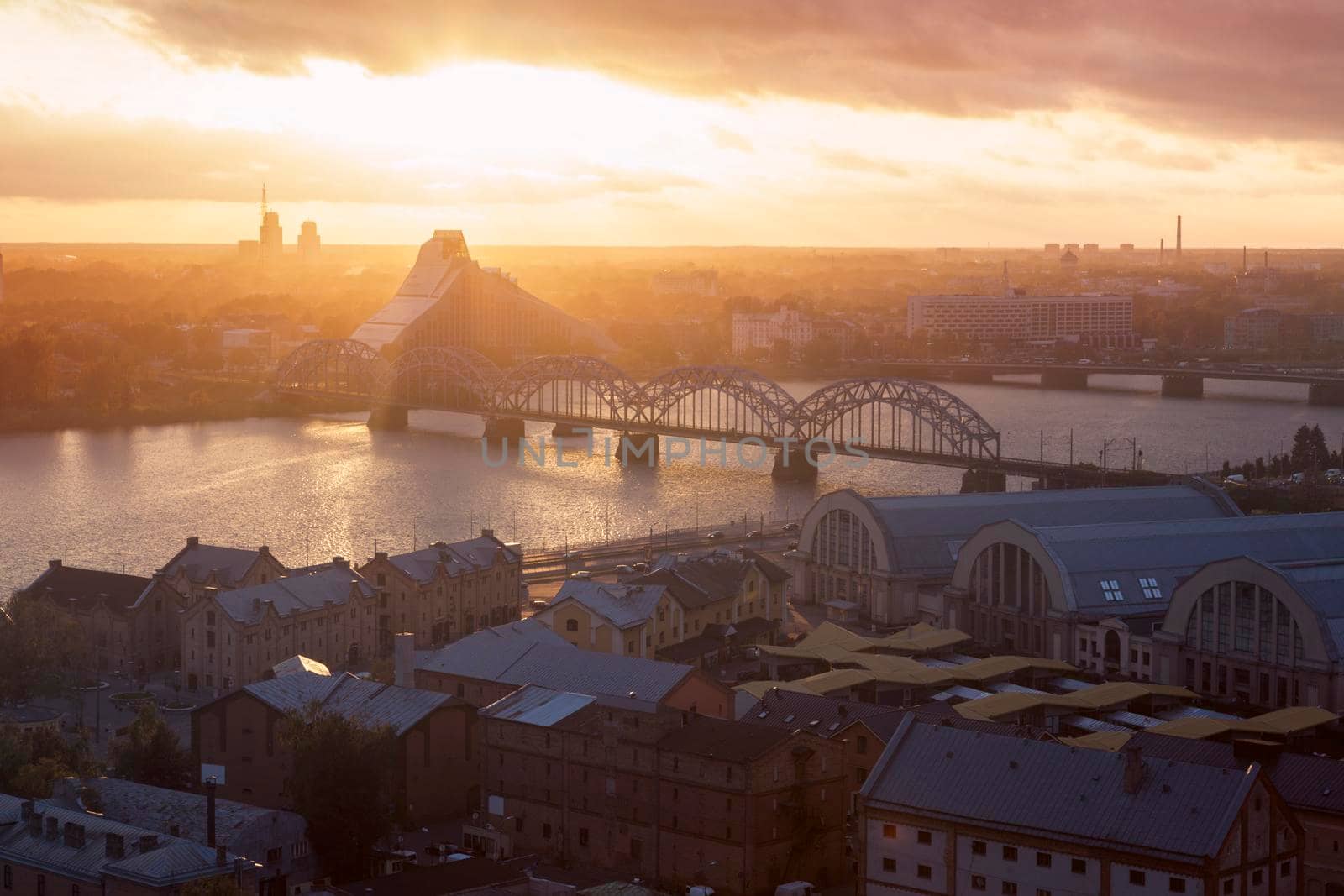 Panorama of Riga at sunset. Riga, Latvia
