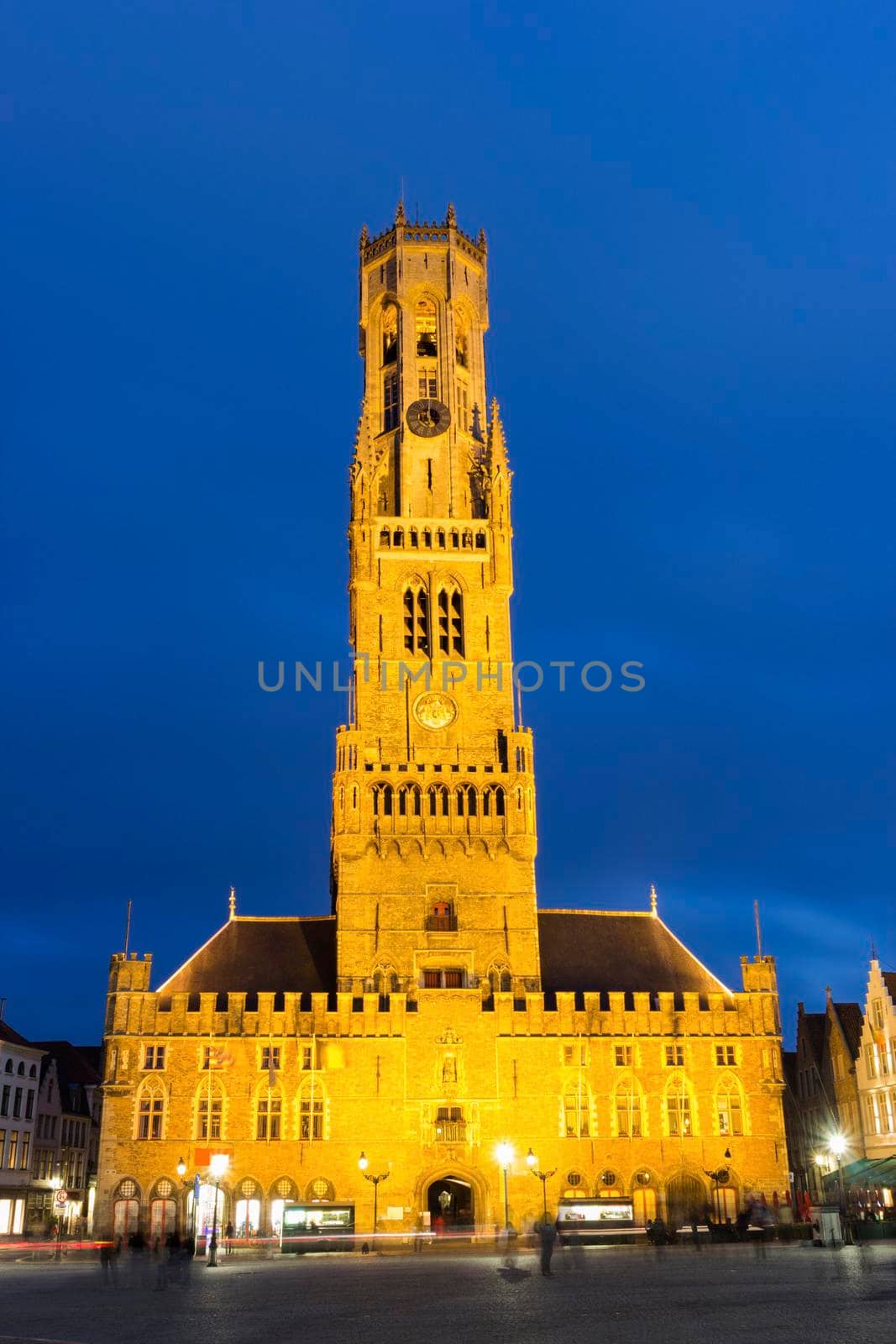 Belfry of Bruges at night. Bruges, Flemish Region, Belgium