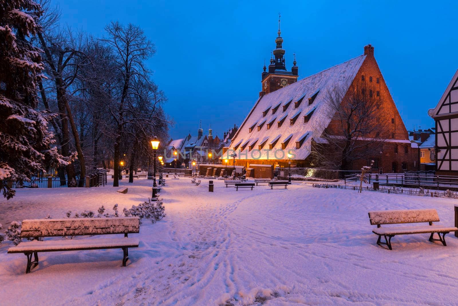 Great Mill in Gdansk at night. Gdansk, Pomerania, Poland.