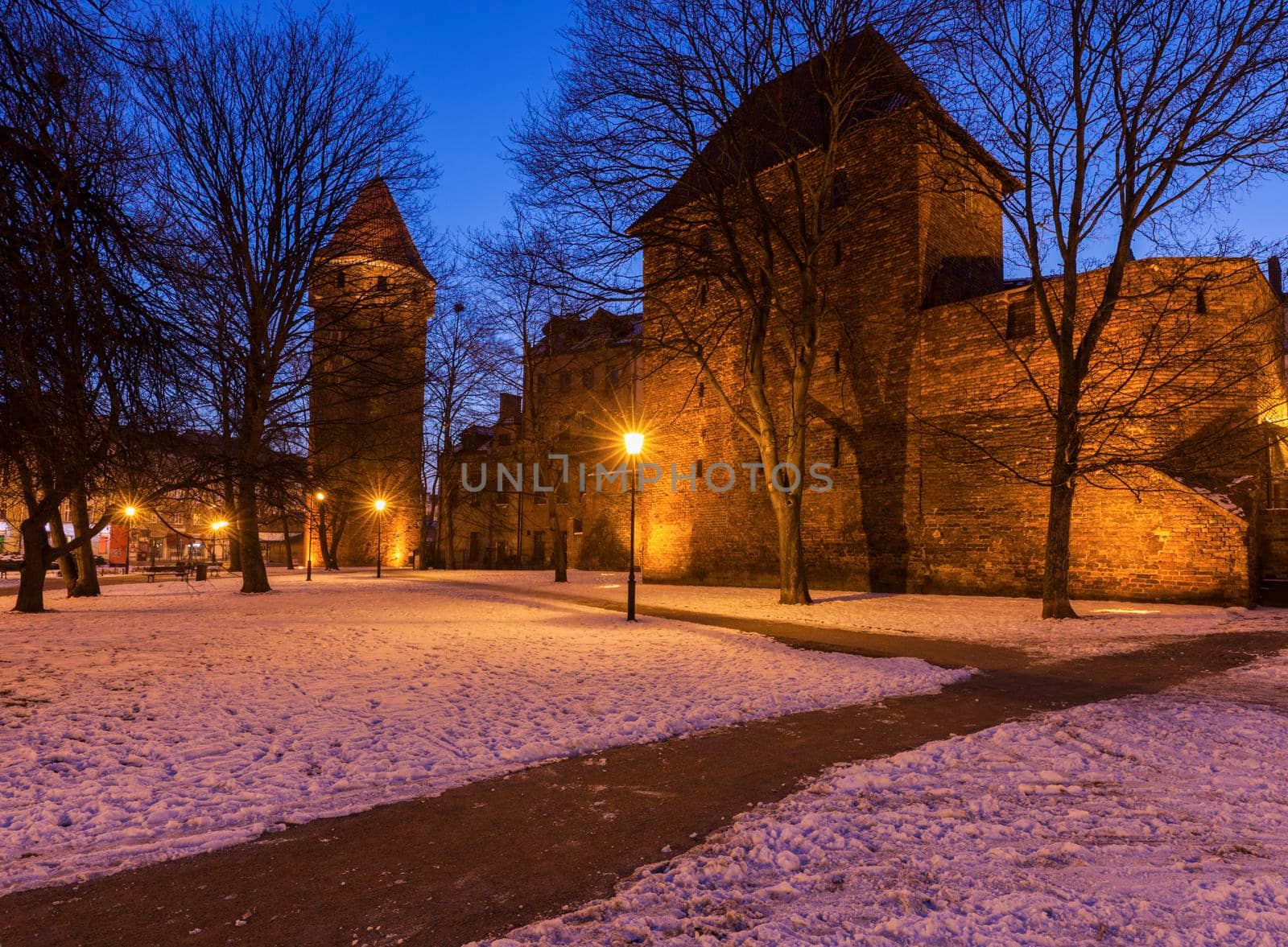 St Hyacinth Tower in Gdansk at night. Gdansk, Pomerania, Poland.