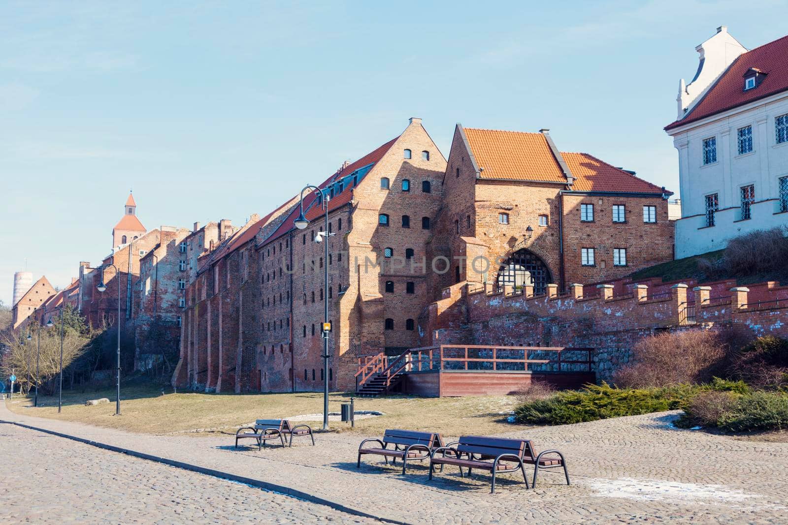Old town of Grudziadz and frozen Vistula River. Grudziadz, Kuyavian-Pomeranian Voivodeship, Poland.