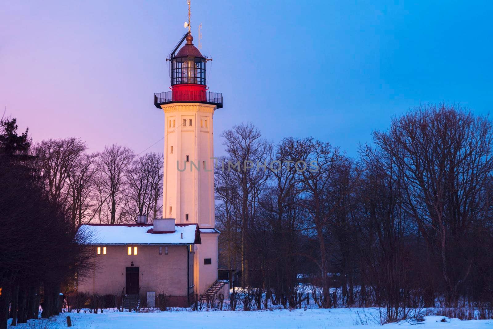 Lighthouse in Rozewie at sunset. Gdansk, Pomorskie, Poland.