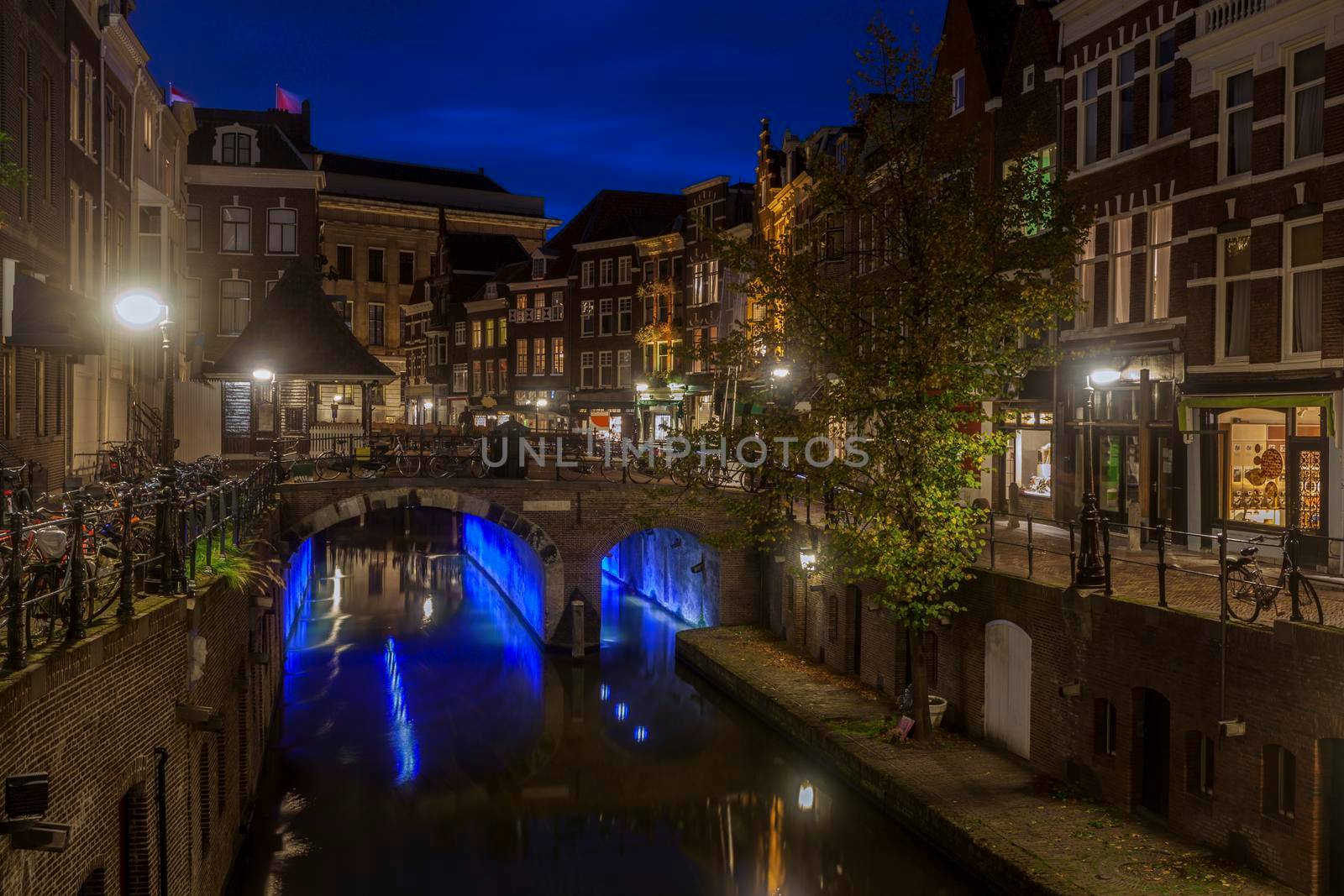 Utrecht architecture at night. Utrecht, South Holland, Netherlands.