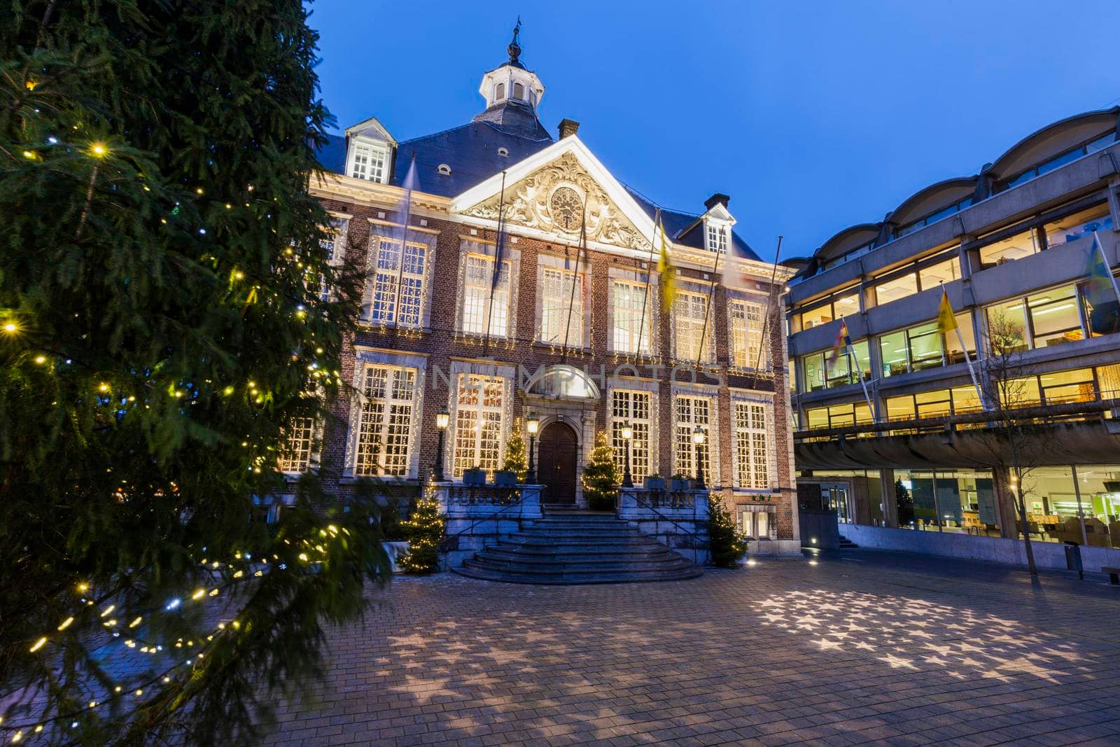 Hasselt city hall at night. Liege, Flemish Region, Belgium.
