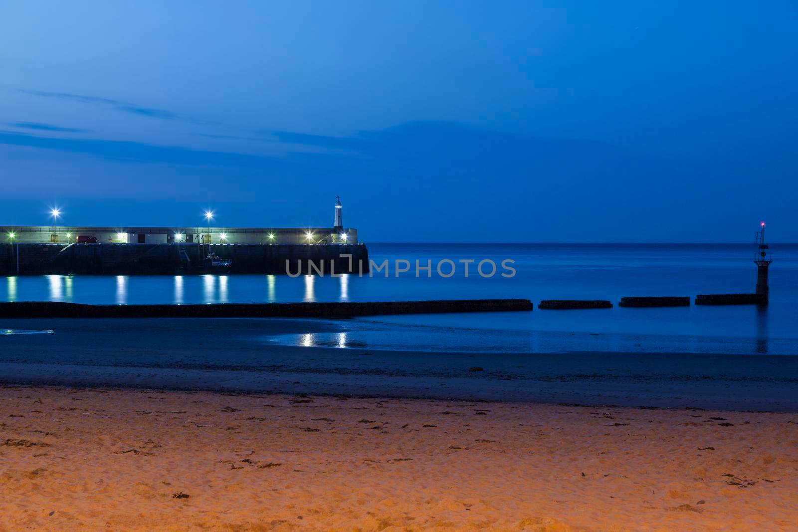 Lighthouse in Peel at night. Peel, Isle of Man.