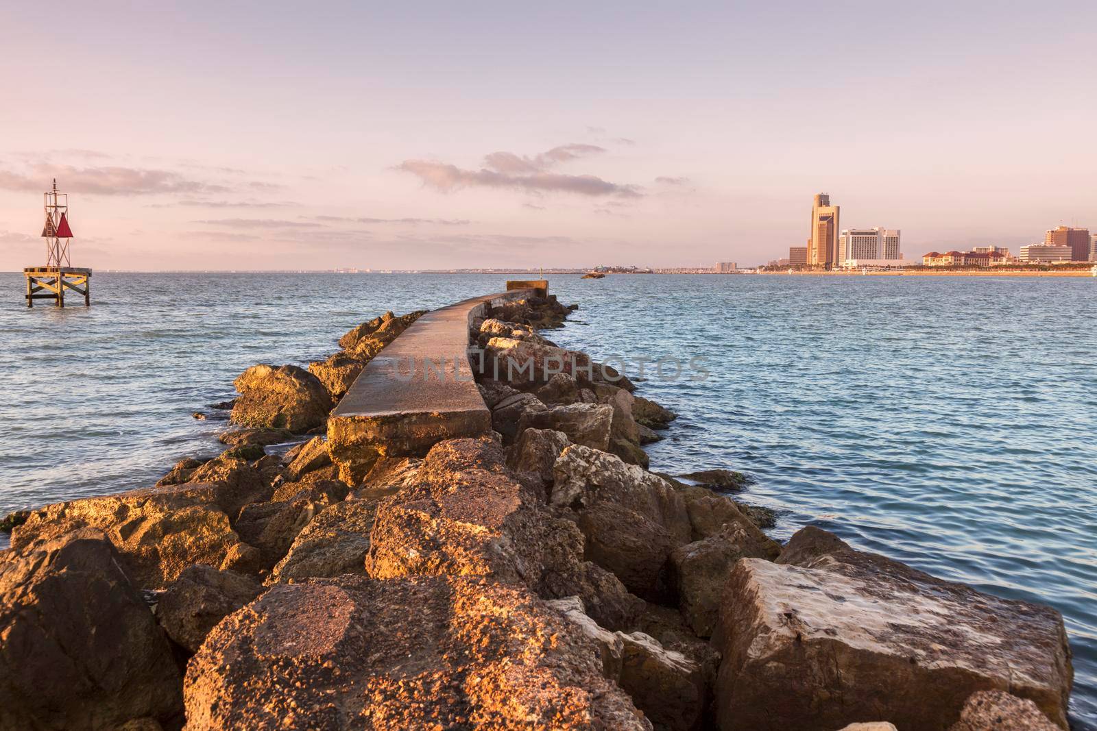 Panorama of Corpus Christi at sunrise. Corpus Christi, Texas, USA.