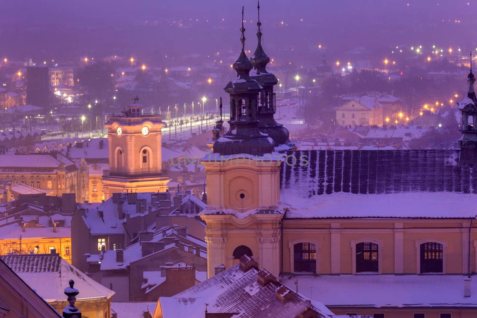 Architecture of Przemysl at night. Przemysl, Podkarpackie, Poland.