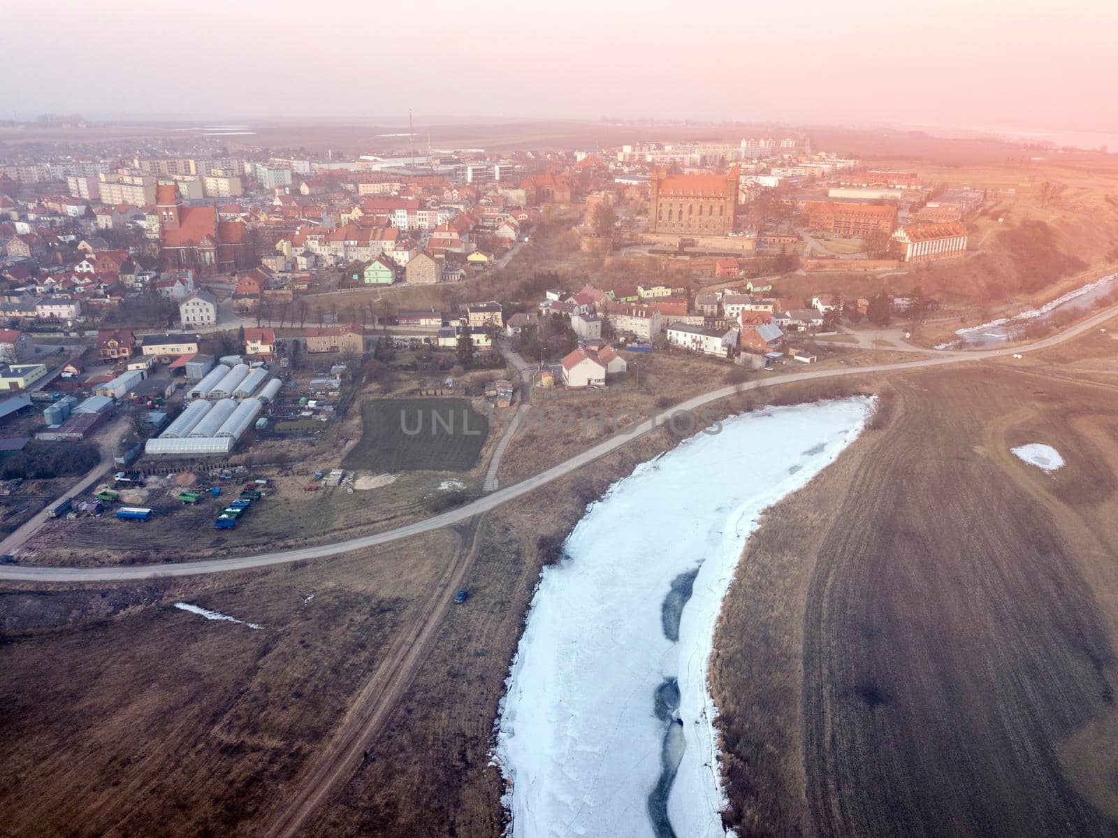 Winter panorama of Gniew. Gniew, Pomerania, Poland.