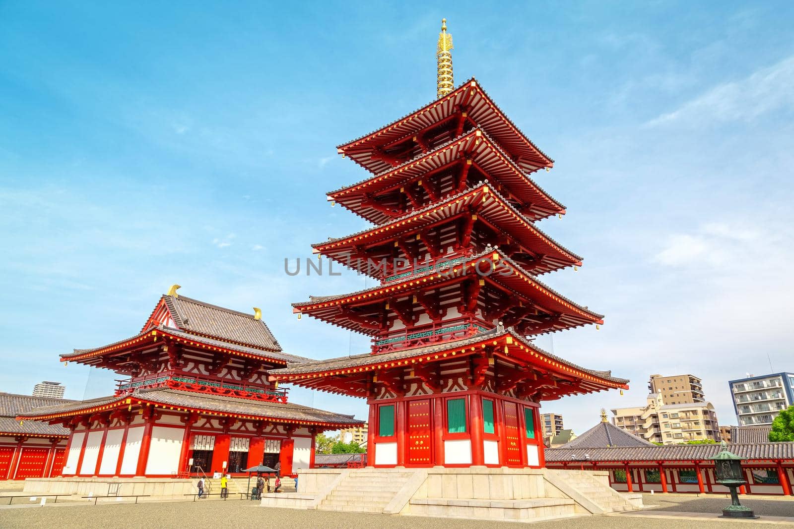 Osaka, Japan - 21 Nov 2018 - The five story pagoda at Shitennoji Temple , the oldest temple in Osaka, Japan.