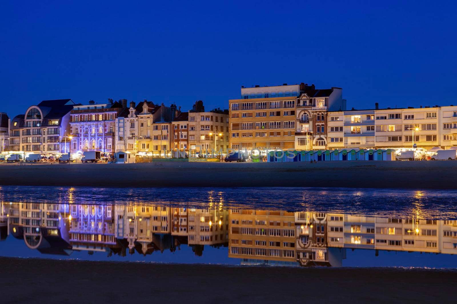 Panorama of Dunkirk at night. Dunkirk, Hauts-de-France, France.