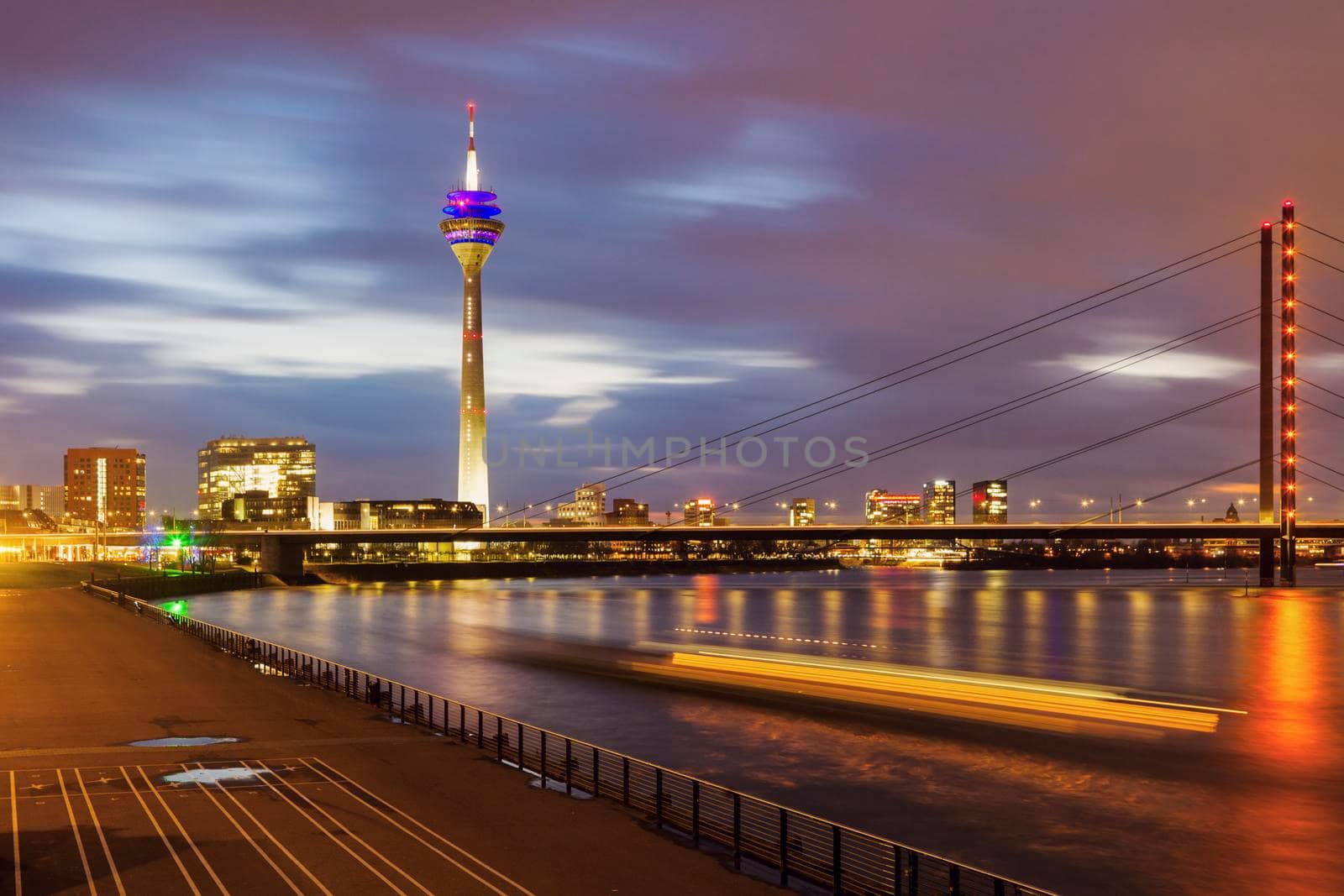 Rheinknie Bridge and Rhine Tower in Dusseldorf. Dusseldorf, North Rhine-Westphalia, Germany.