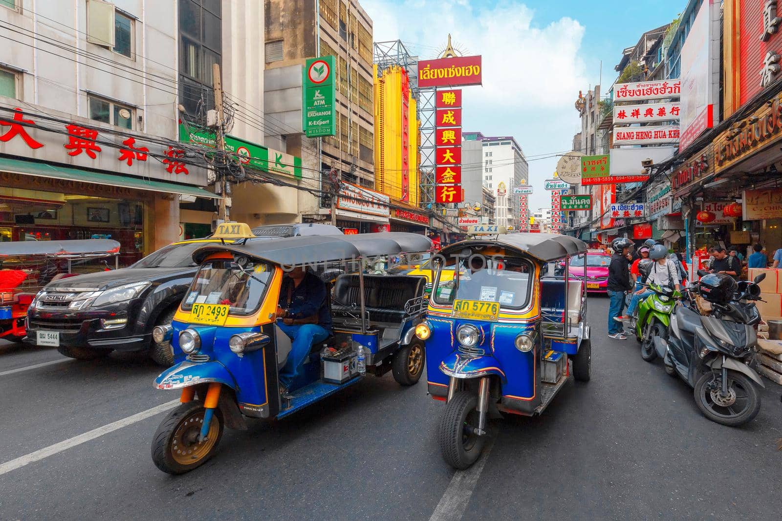 BANGKOK, THAILAND - 22 Dec 2018  :Tuk-Tuk is the name of Thai traditional taxi.Chinatown is famous landmark in Bangkok.