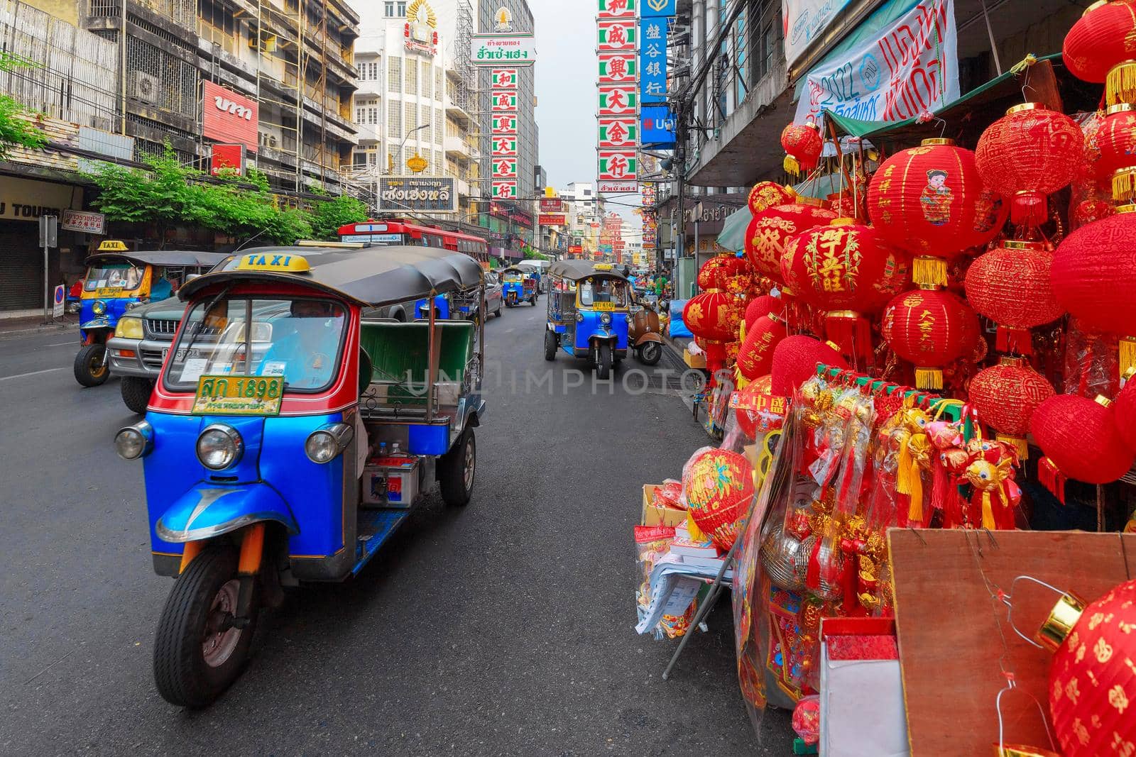 BANGKOK, THAILAND - 22 Dec 2018  :Tuk-Tuk is the name of Thai traditional taxi.Chinatown is famous landmark in Bangkok.