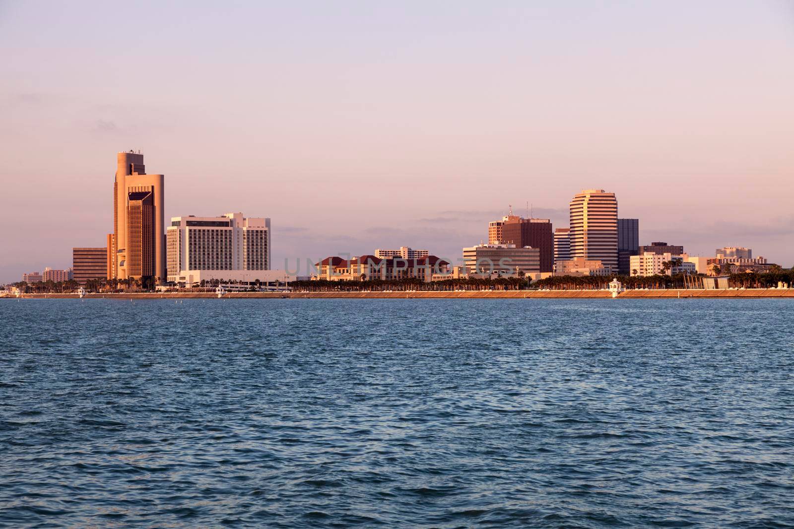 Panorama of Corpus Christi at sunrise. Corpus Christi, Texas, USA.
