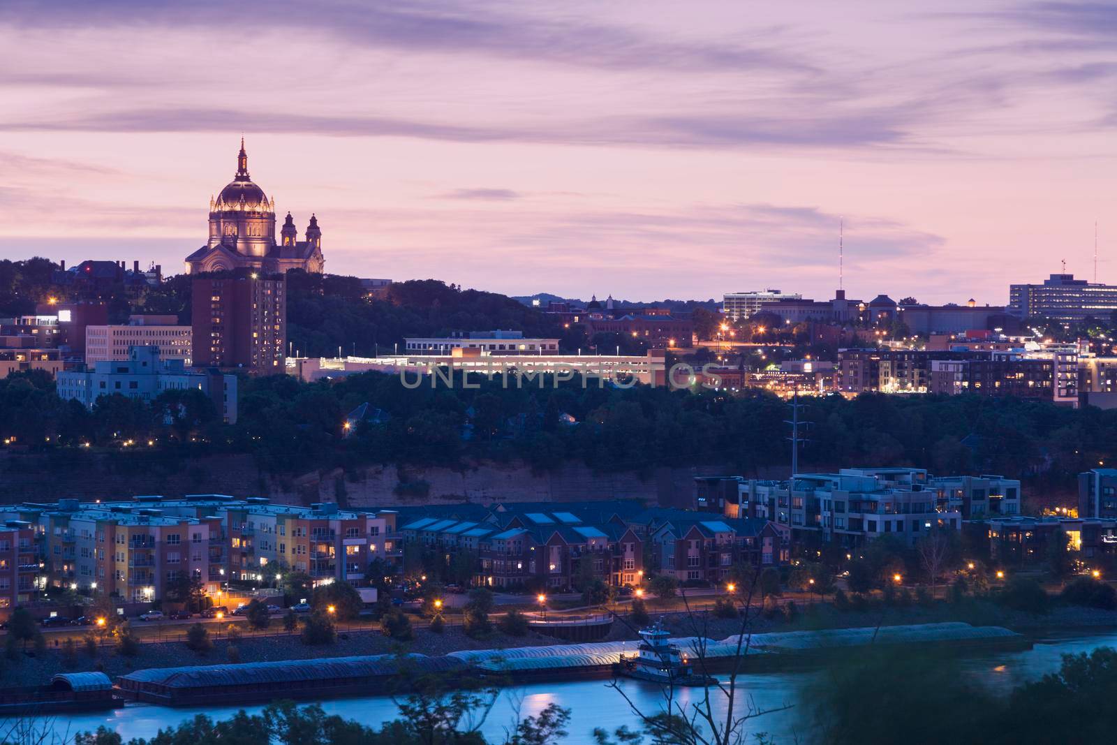 Cathedral of Saint Paul and city panorama at evening. St. Paul, Minnesota, USA.