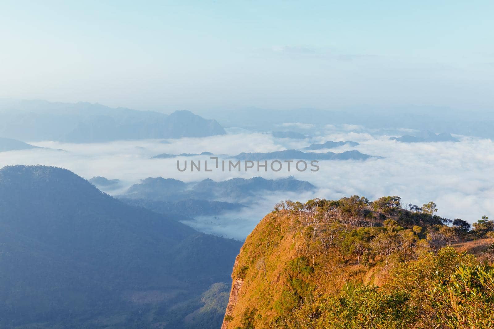 Landscape of mountain view with morning fog at sunrise time.