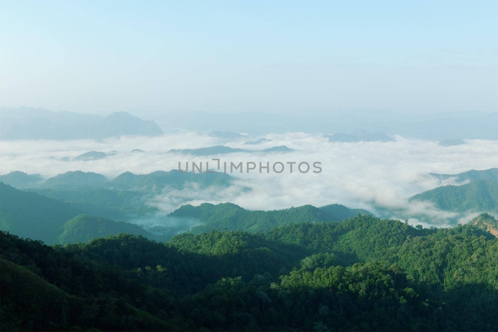 Landscape of mountain view with morning fog at sunrise time.