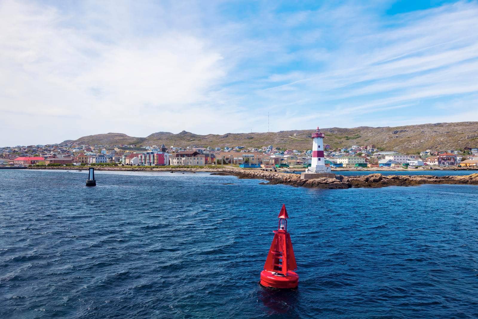 Saint Pierre Lighthouse and city panorama. Saint Pierre, Saint Pierre and Miquelon.