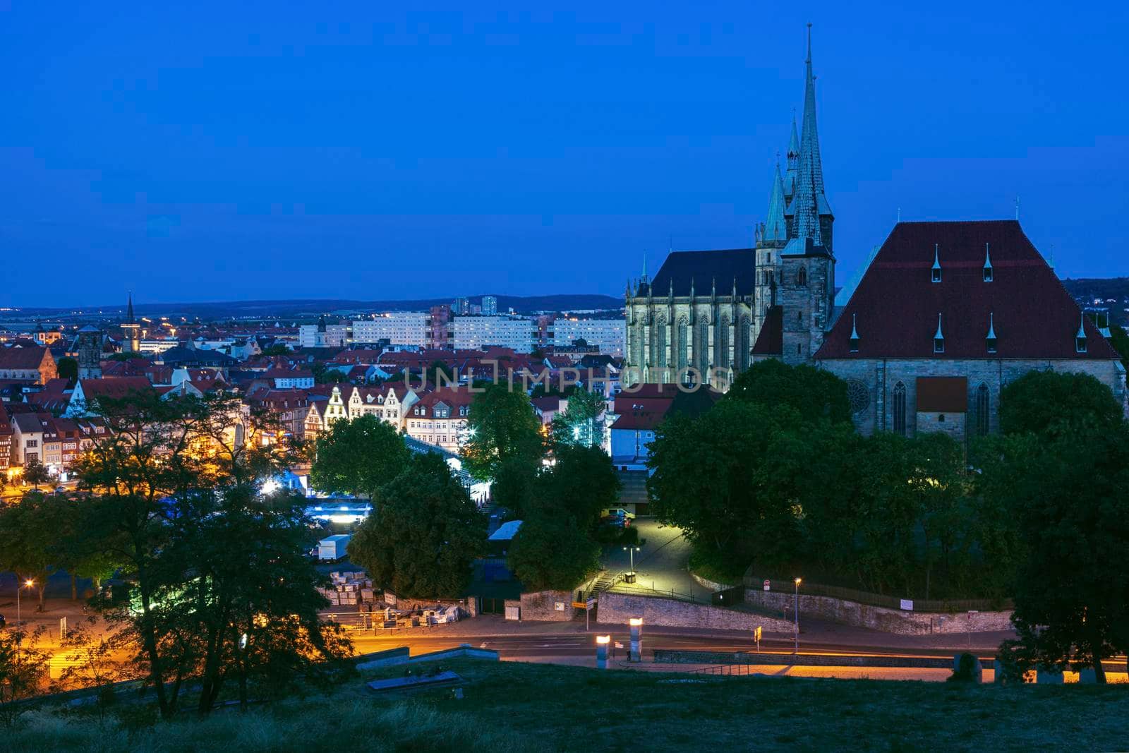 Panorama of Erfurt with St Mary Cathedral at evening. Erfurt, Thuringia, Germany.
