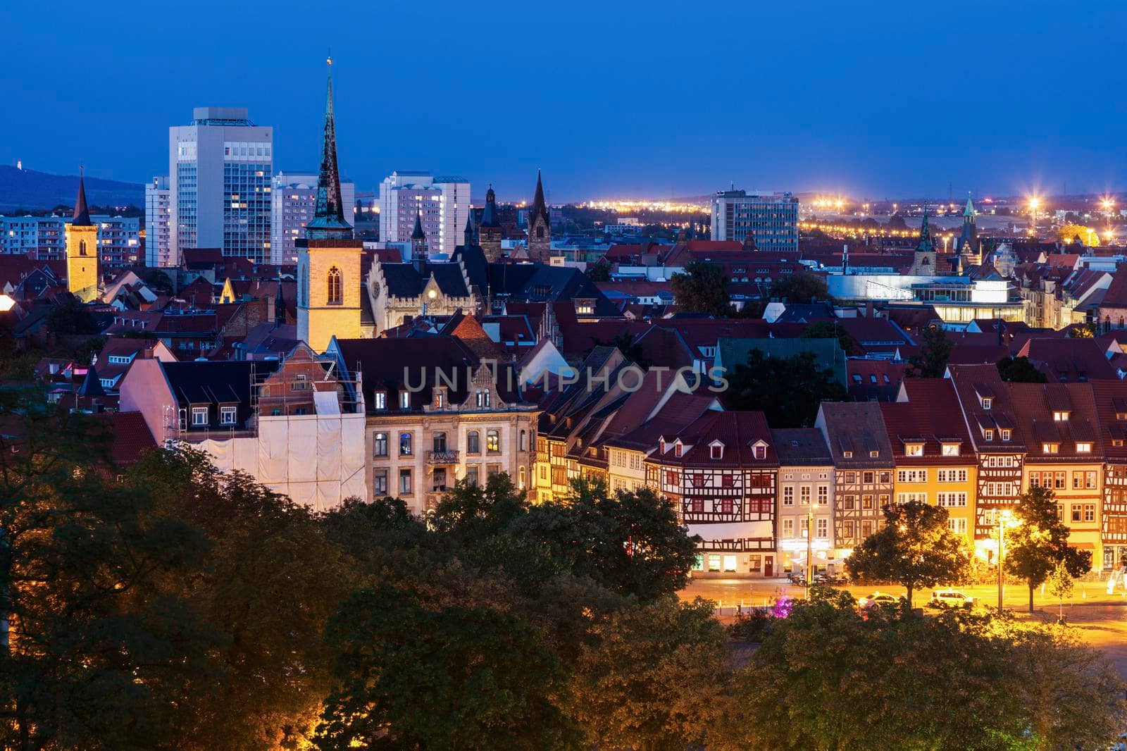 Panorama of Erfurt at evening. Erfurt, Thuringia, Germany.