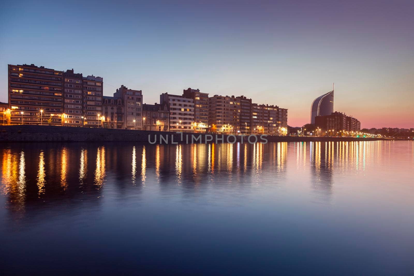 Panorama of Liege along Meuse River seen at evening. Liege, Wallonia, Belgium.