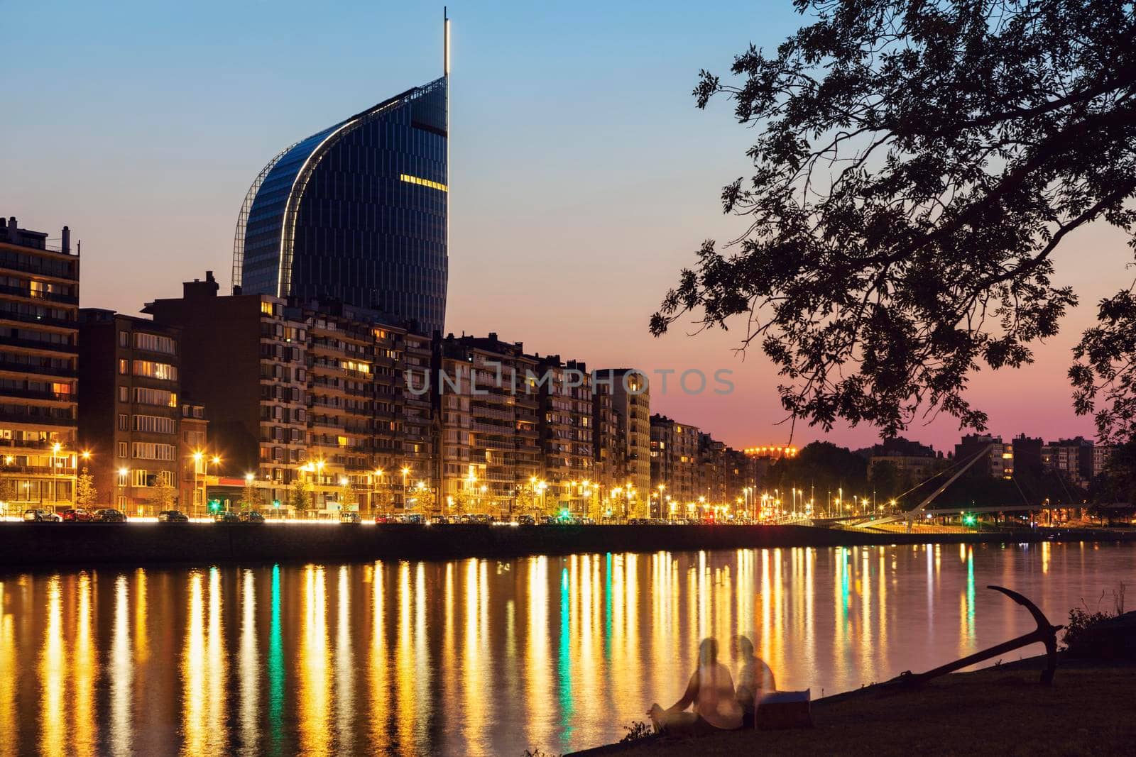 Panorama of Liege along Meuse River seen at evening. Liege, Wallonia, Belgium.