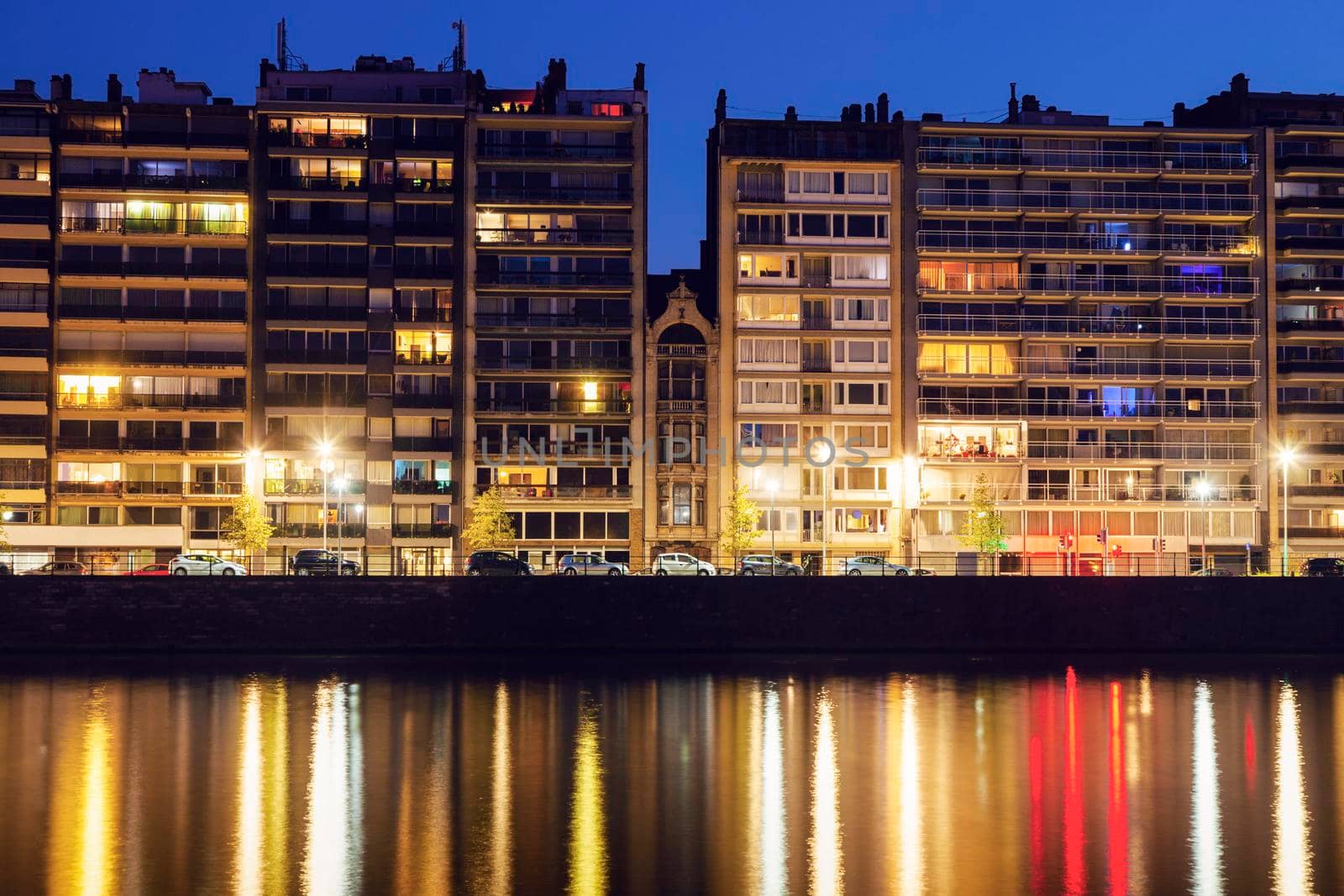 Panorama of Liege along Meuse River seen at evening. Liege, Wallonia, Belgium.