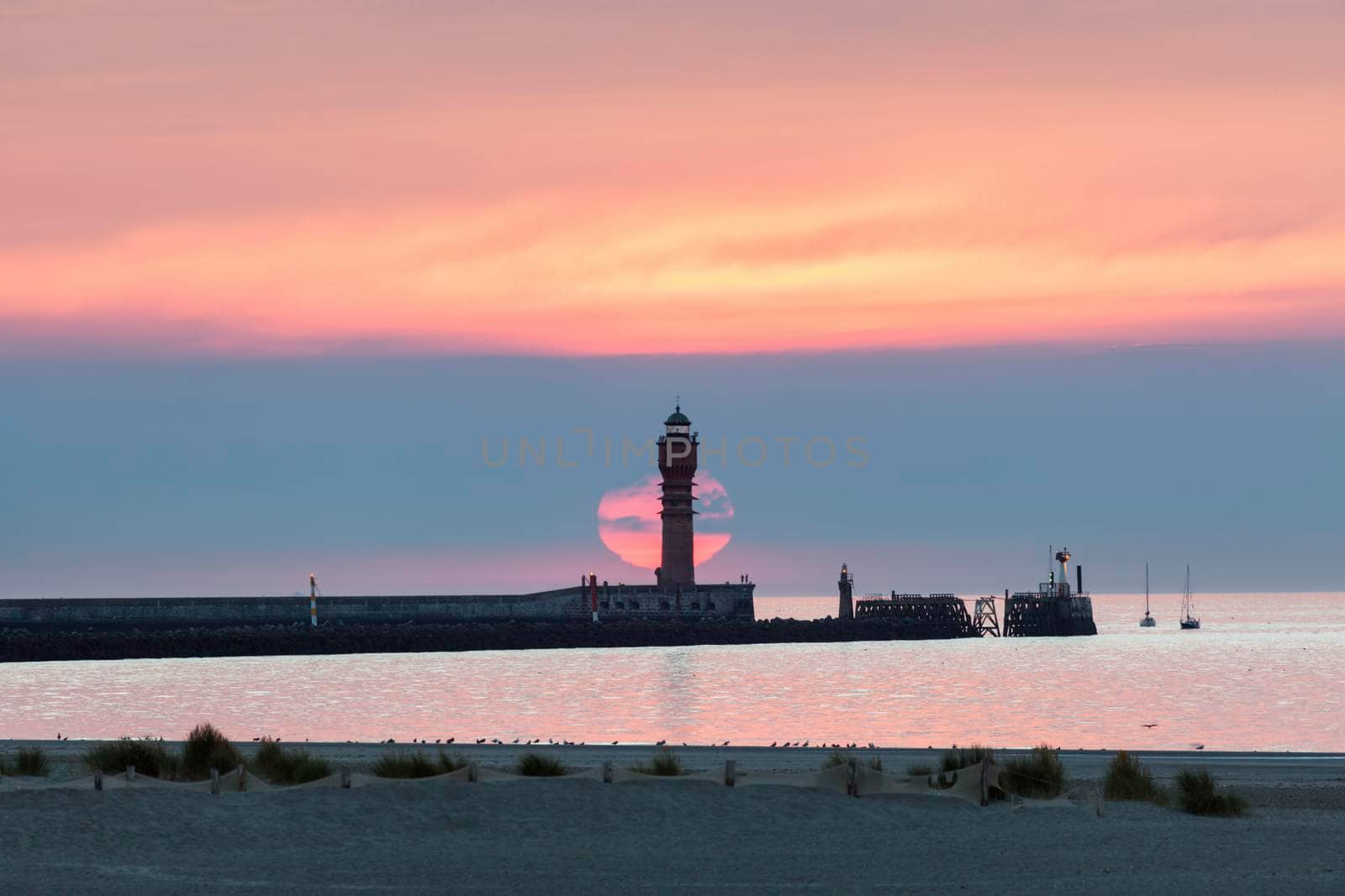 Architecture of Dunkirk at night. Dunkirk, Hauts-de-France, France.